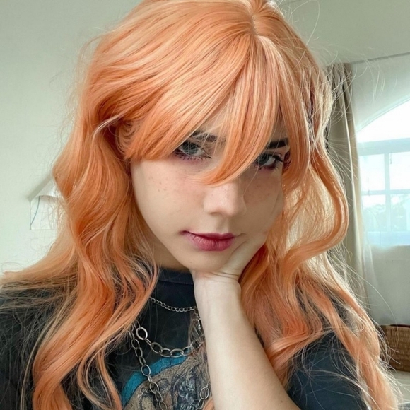 Uniwigs Creamsicle Dream Soft Peach Long Wavy w/ Bangs Synthetic Wig - Picture 3 of 8